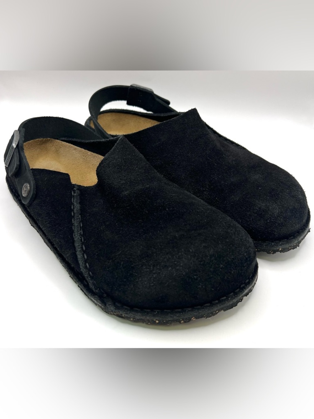 Birkenstock Men’s Black Suede Slip-On Clog with Metal Logo Button-Lutry, Size:11